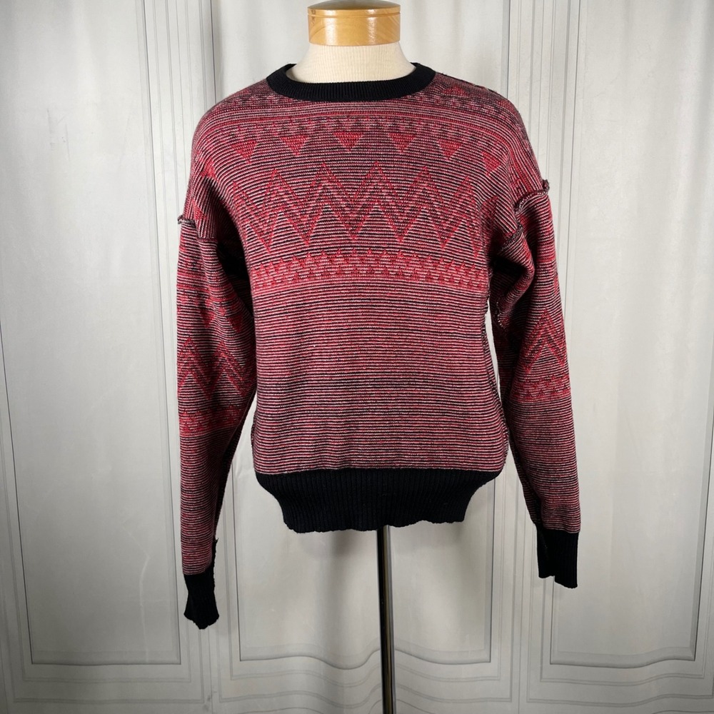 Vintage 80's PROFILE 100% Wool Sweater • Black Red Nordic Ski Geometric Knit • L - Picture 11 of 14
